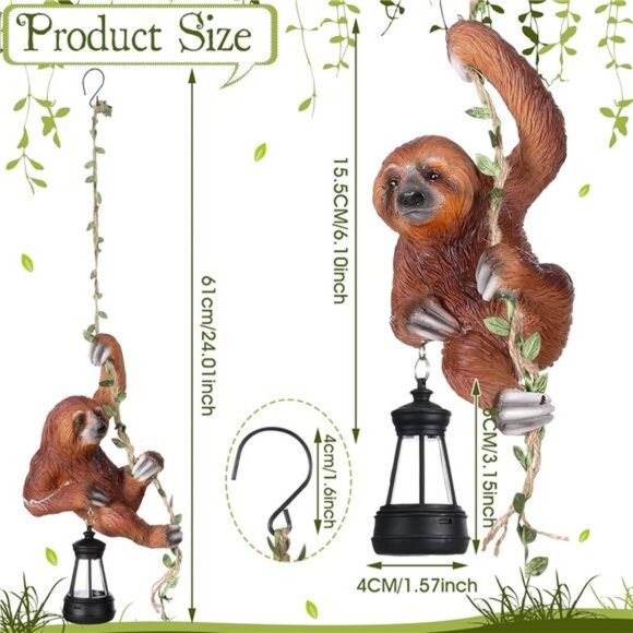Solar Light Outdoor Statues 6.10''H Resin Sloth Climbing On A 24" L Vine Lantern - Picture 2 of 7